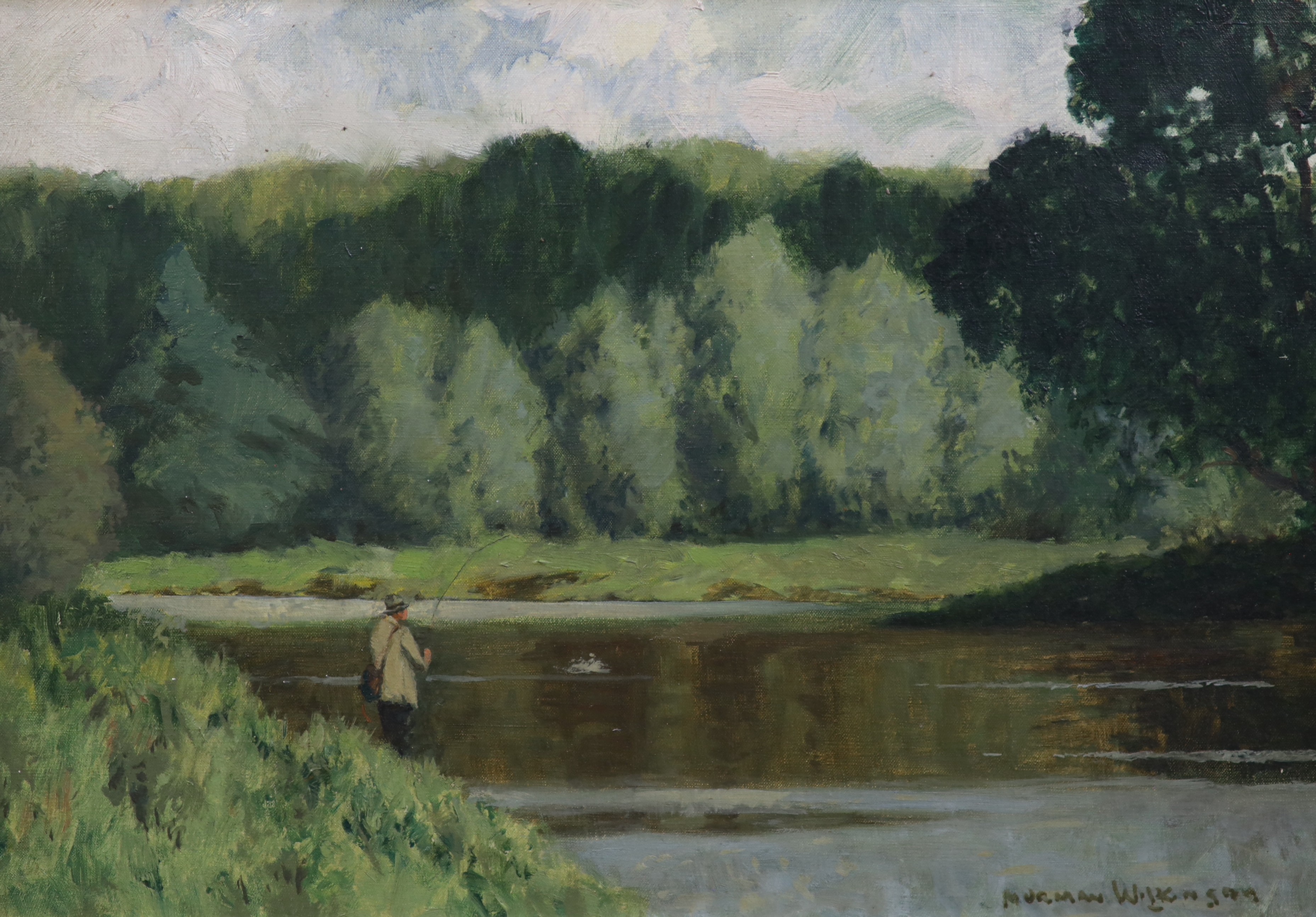 Norman Wilkinson (British, 1878-1971), Angler beside a river, oil on canvas, 34 x 49cm